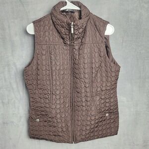 Jane Ashley Brown Quilted Full Zip Puffer Vest Petite XL Circle Pattern Pocket